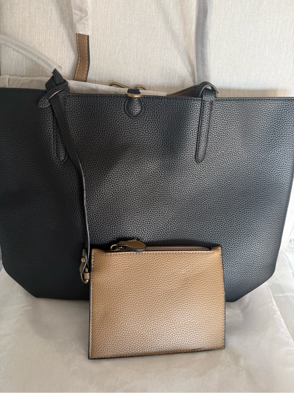 Black Pebbled Tote with Tan Pouch - Versatile Women’s Handbag